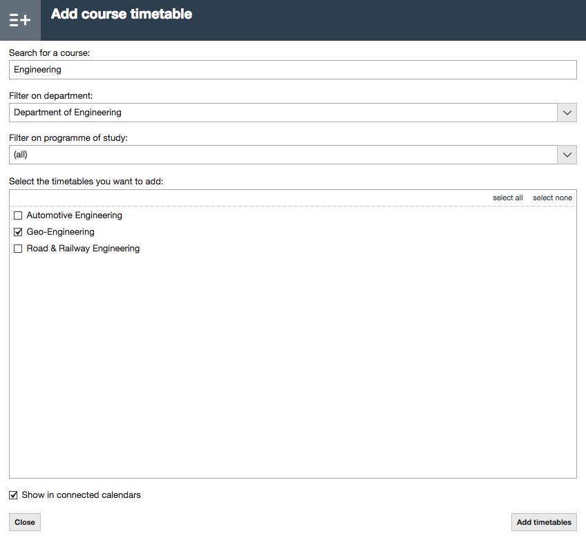 Window for finding and adding timetables